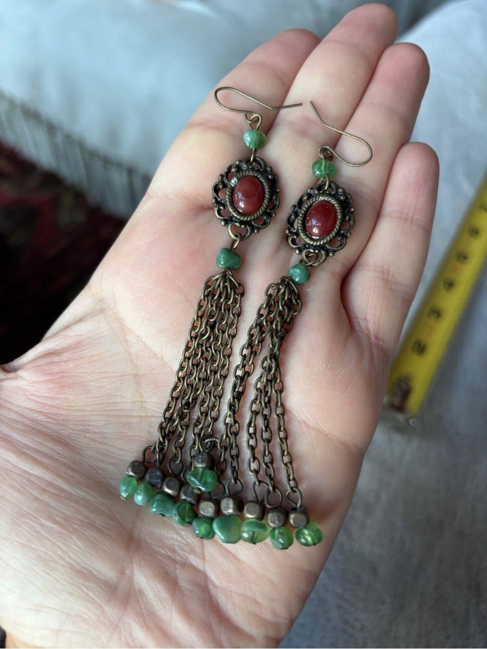 Boho Red Green Cabochon Chain Tassel Earrings Antique Brass Shoulder duster 4”